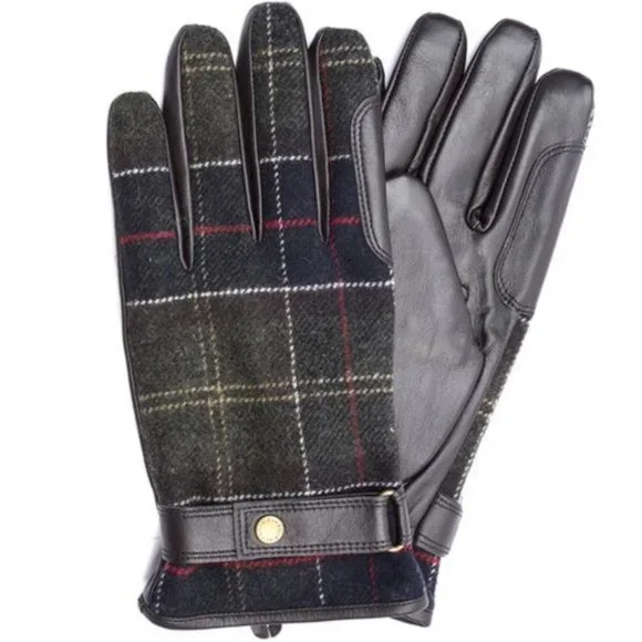 Barbour Men's NEWBROUGH TARTAN Leather Gloves MSRP$100 Bla/Grey Woven In England